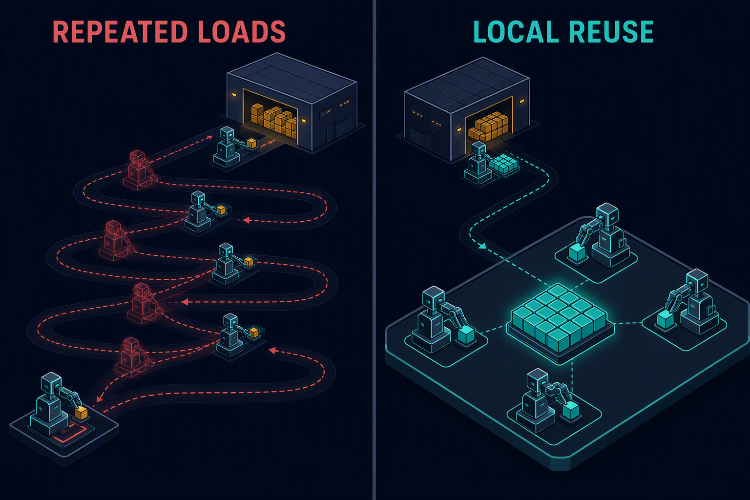 Repeated warehouse trips create traffic that local reuse avoids.