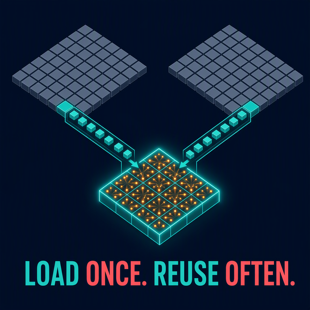 A single transfer from large grids feeds many operations in a compact active tile.