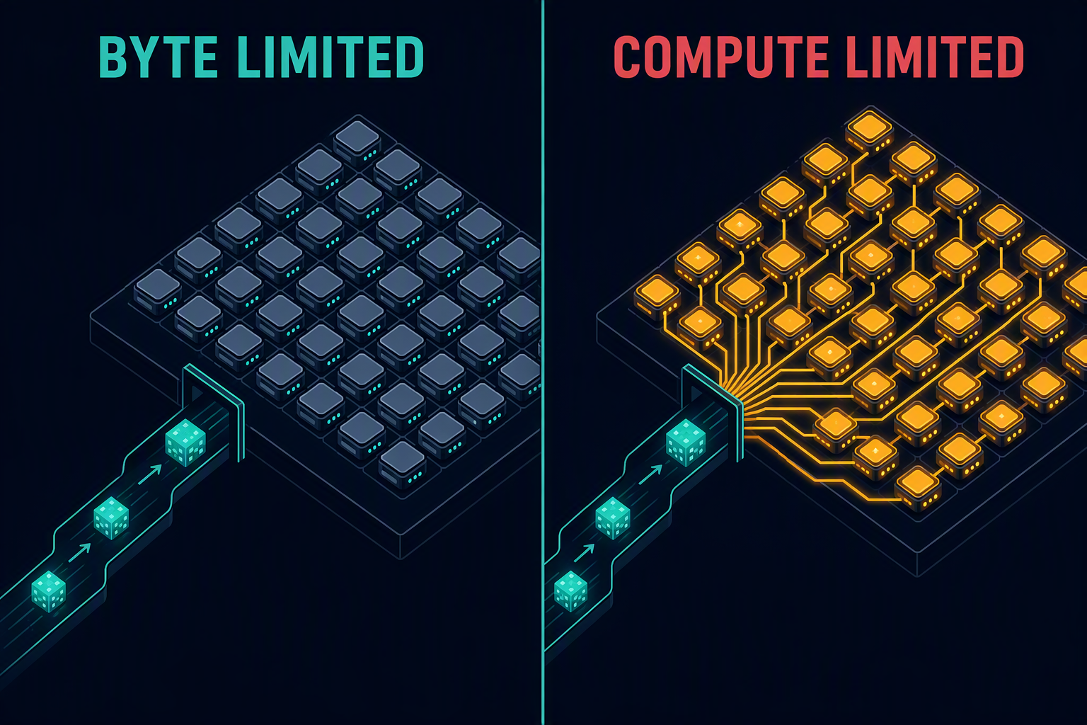 A starved arithmetic array waiting on a thin byte stream beside a saturated array fed by heavily reused blocks.
