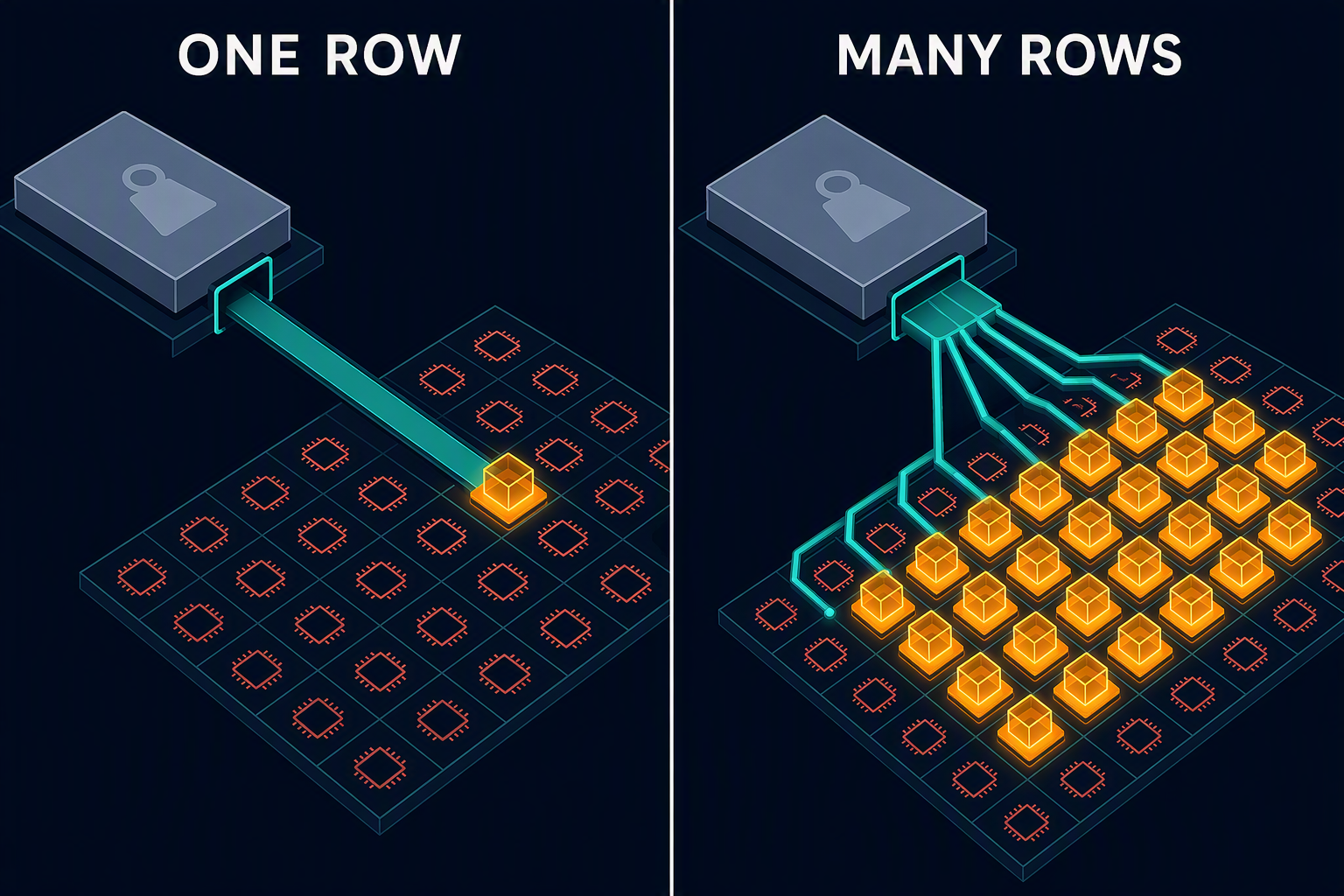 One weight slab feeding a single work item, beside the same slab feeding a dense stack of items.