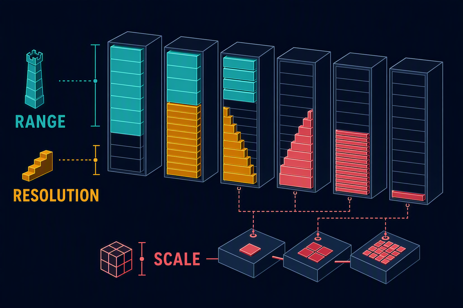 Bit budget moves between range, resolution, and storage.