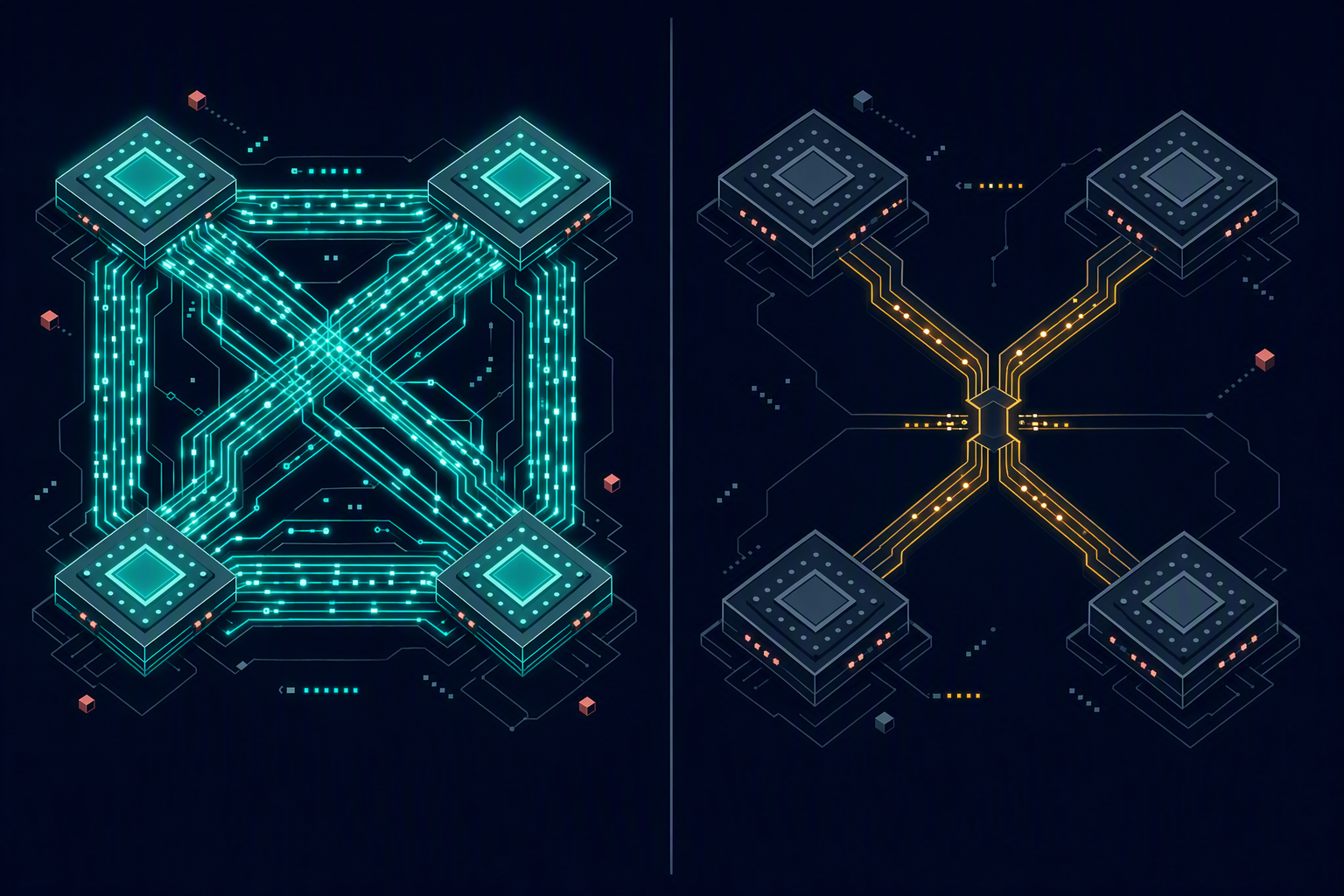 Left: four processors joined by a dense mesh of thick teal links. Right: the same four processors funnelled through a single narrow amber channel.