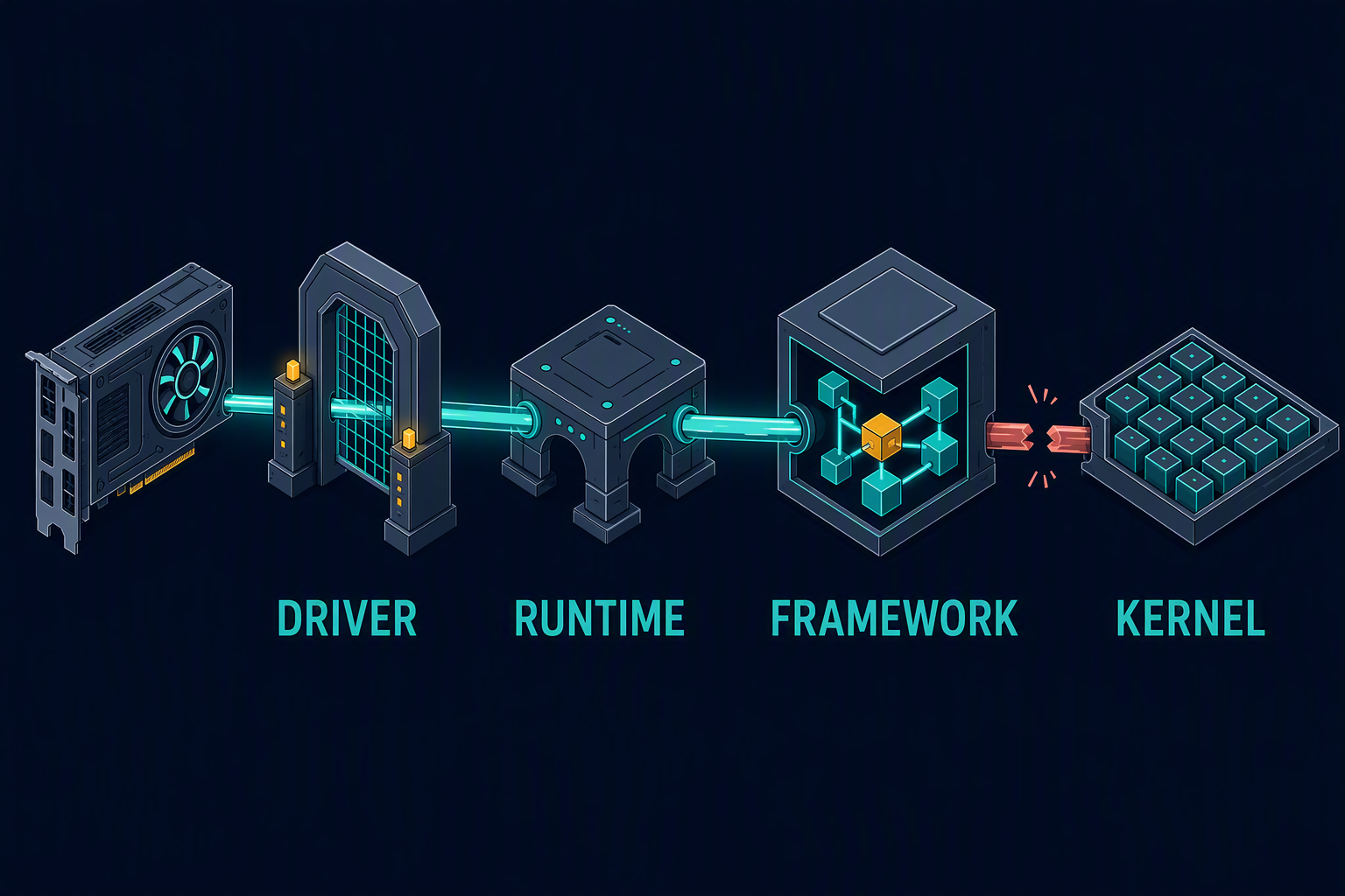 A five-stage technical chain stops glowing after one broken contract.