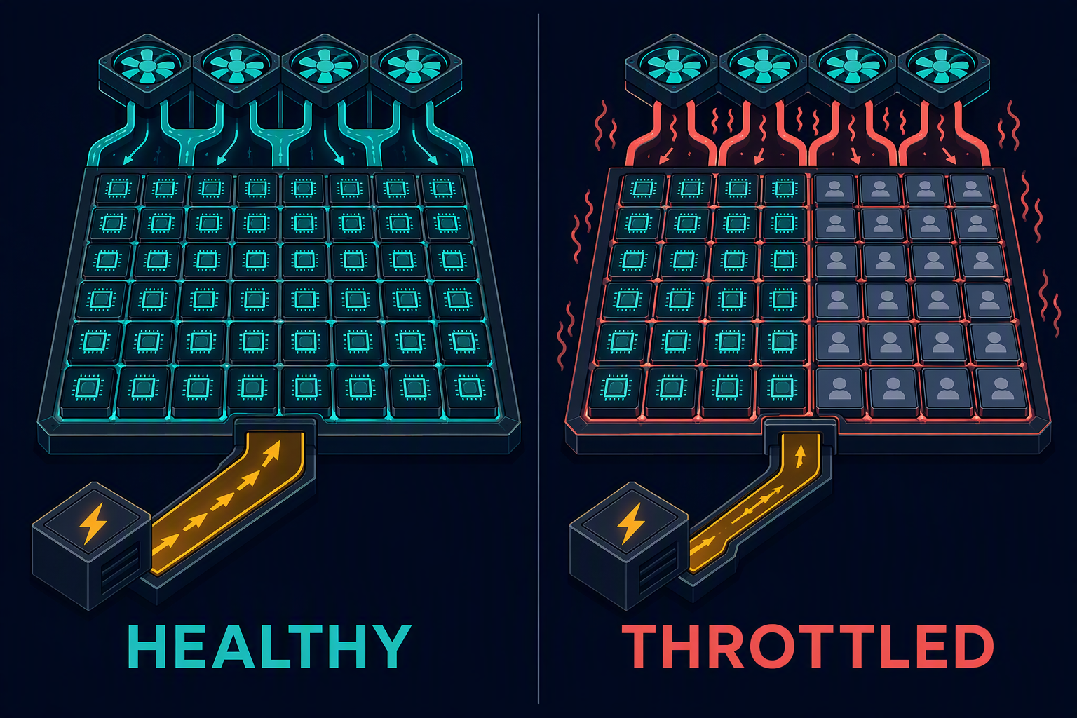 Two equally busy accelerator arrays differ because one is constrained by heat, power, and competing work.