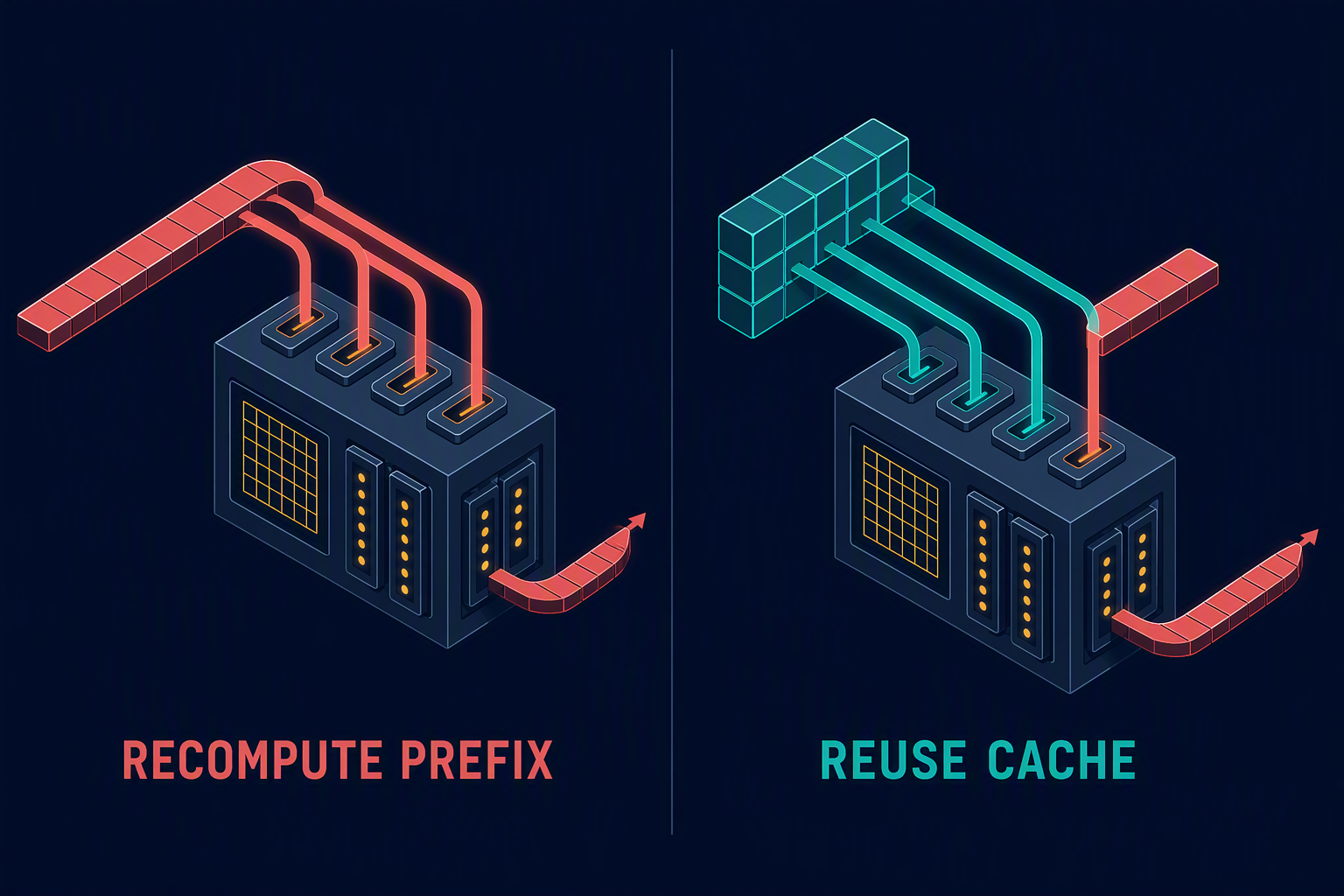 Repeated projection of a complete prefix contrasts with one new token using stored cache.