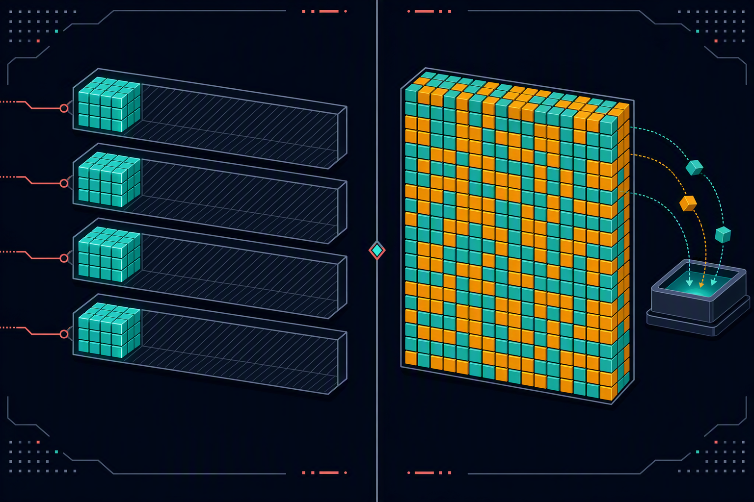 Left: one long contiguous reservation per sequence with most of the tail unused. Right: small uniform blocks drawn from a shared pool, densely packed.
