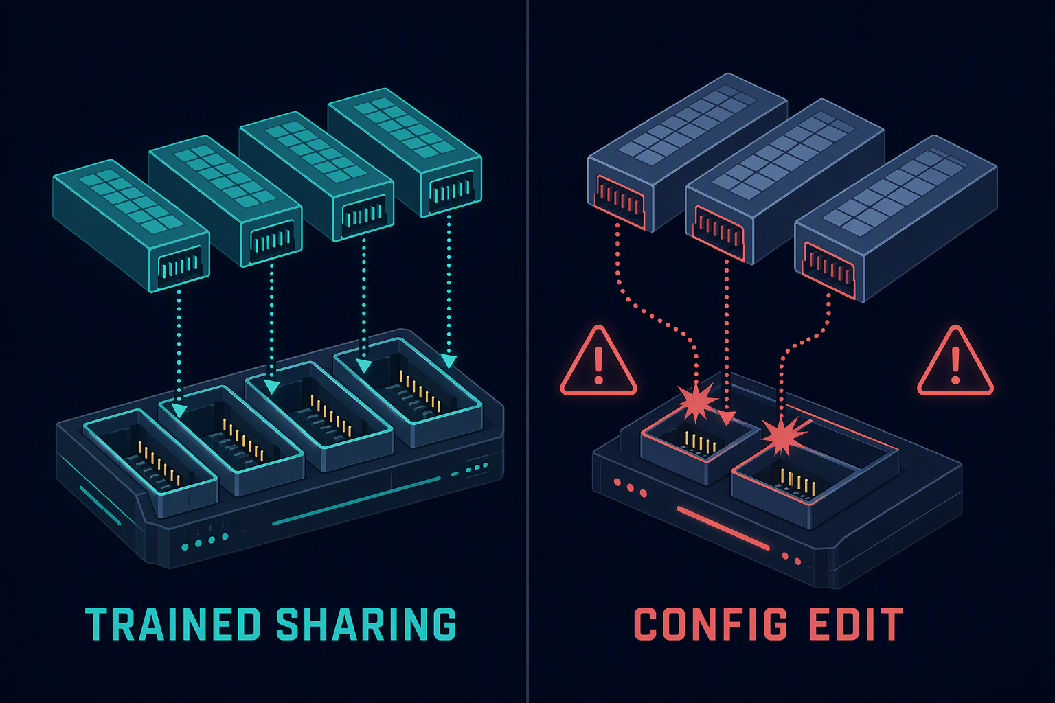 Projection blocks fit trained sharing sockets but collide after an incompatible configuration edit.