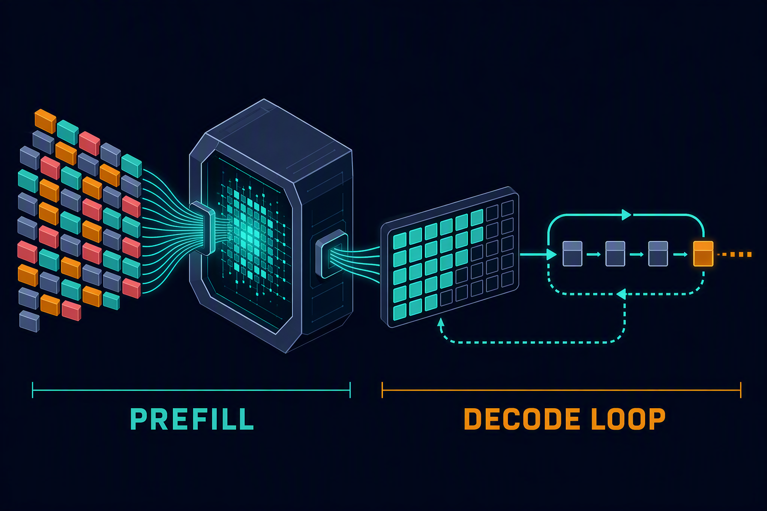 A broad prompt enters prefill before a narrow iterative decode loop emits tokens.