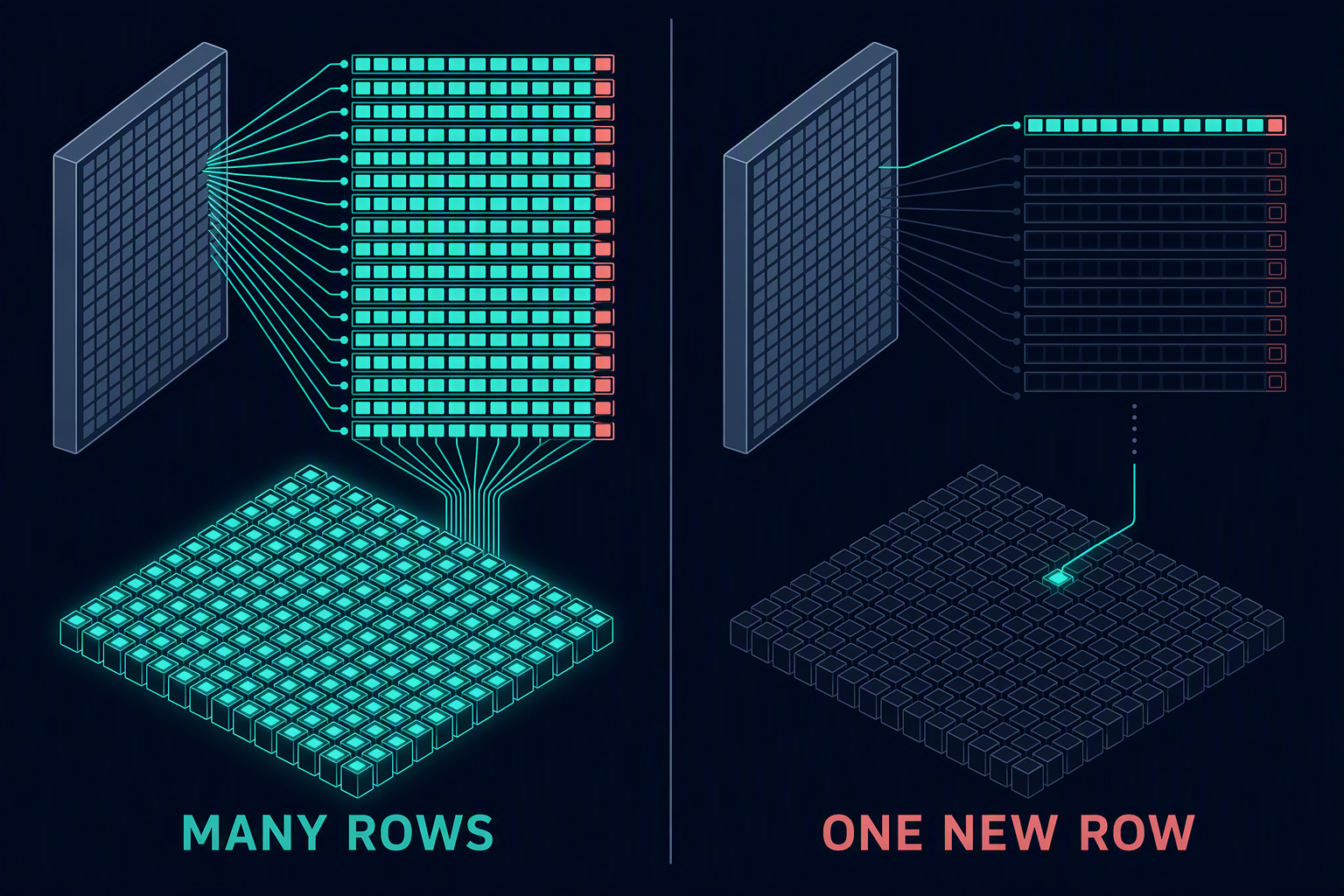 One weight load feeds many rows during prefill but only one new row during low-batch decode.