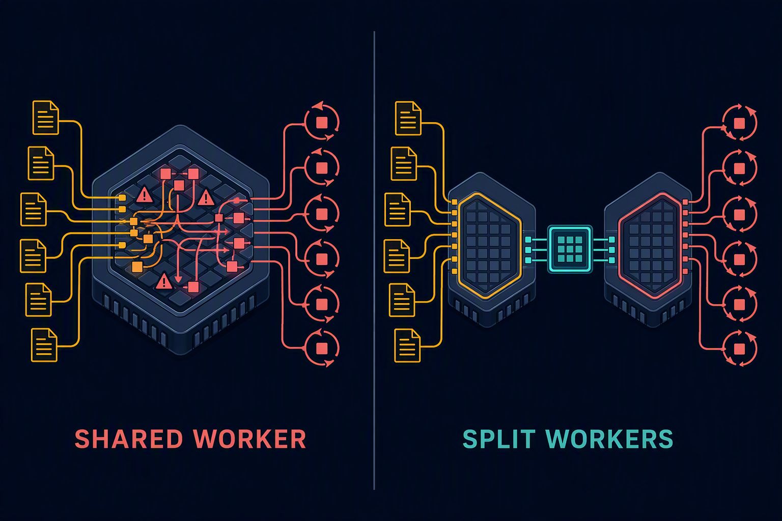 A congested shared worker contrasts with separate prefill and decode workers joined by a cache bridge.