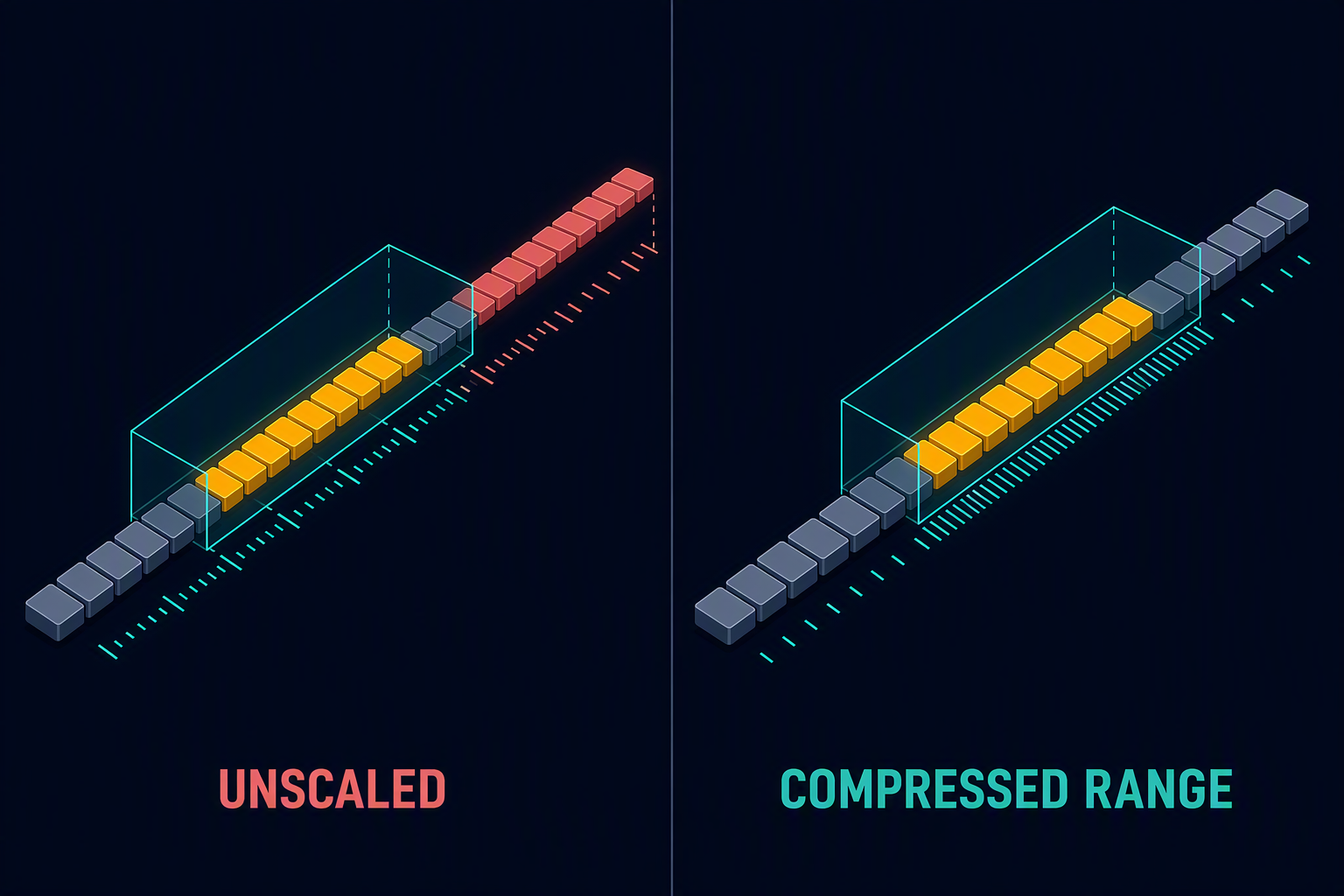 An unscaled long ruler extends beyond the trained region while a scaled ruler compresses into it.