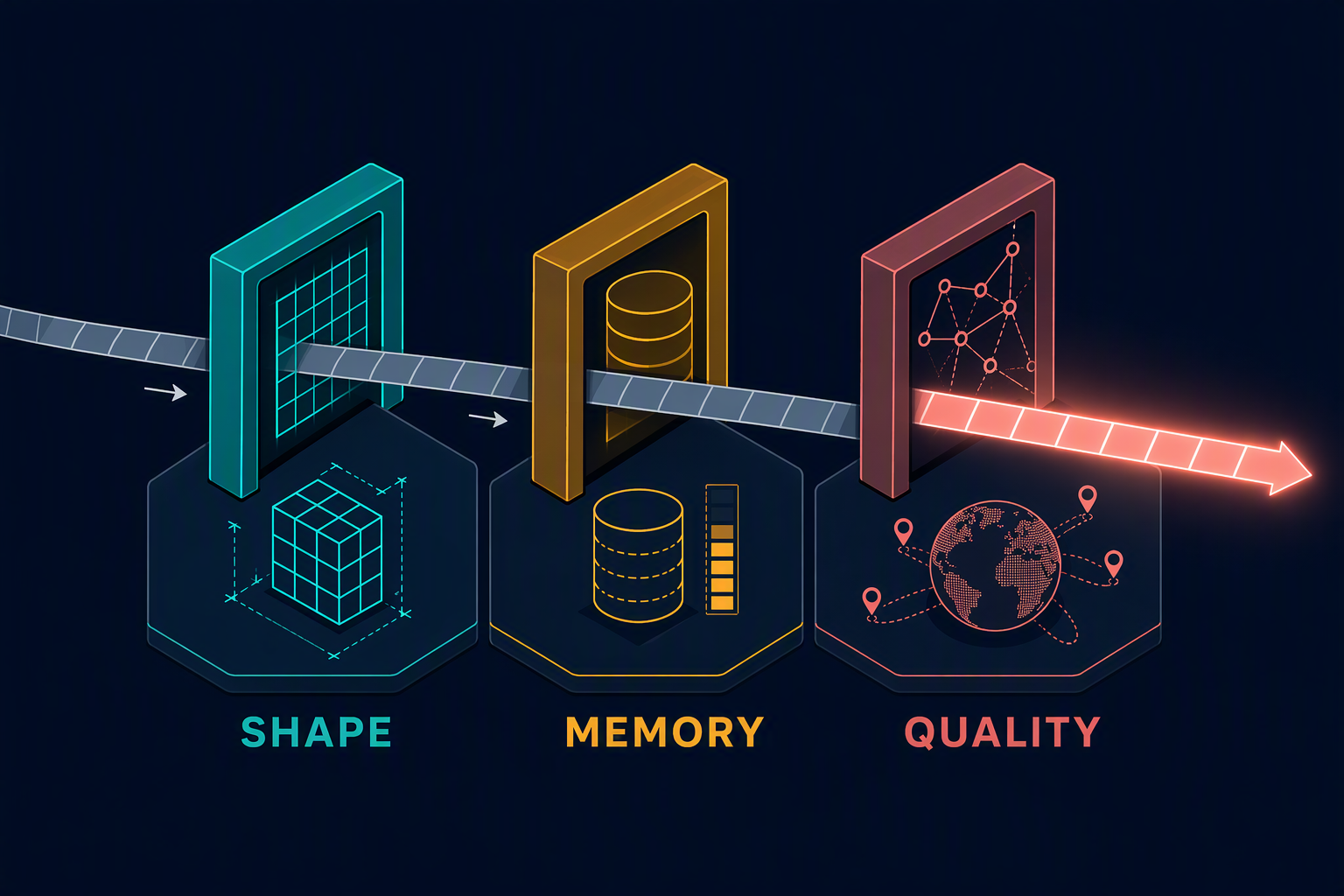 A long token ribbon passes shape, memory, and quality gates in sequence.