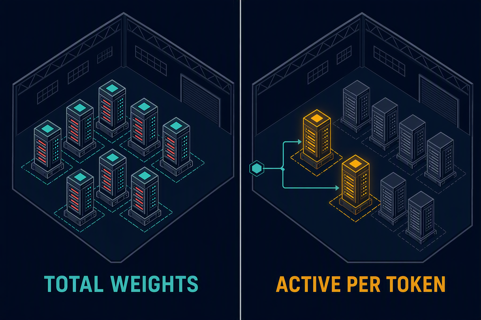 A warehouse stores every expert while one token activates only two.