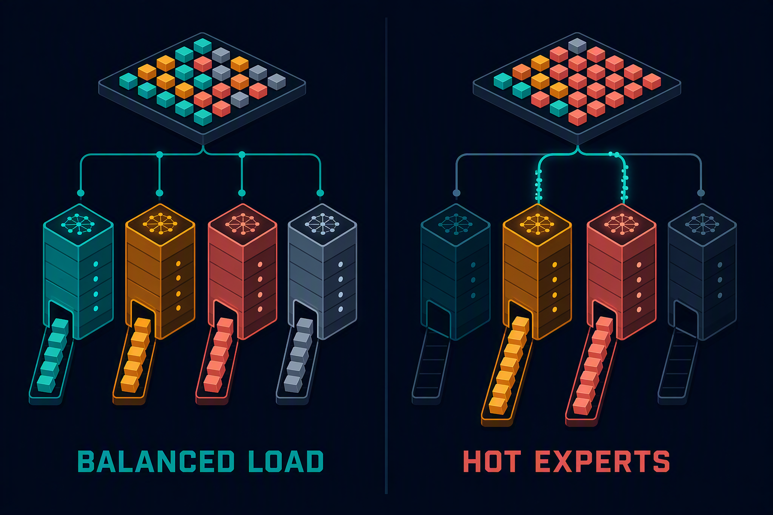 Even expert queues contrast with crowded hot experts and idle capacity.